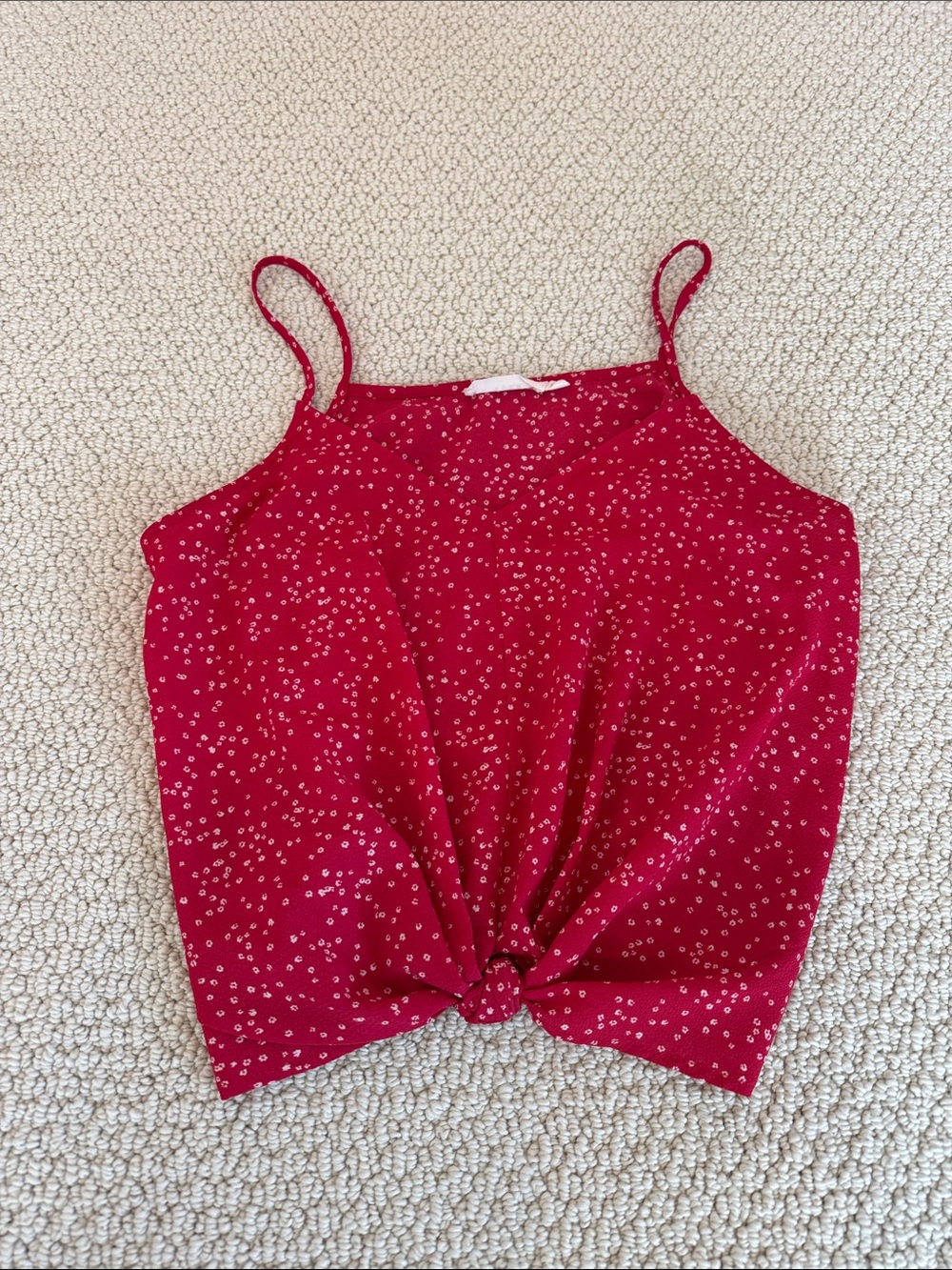 Red Printed Front-Knot Spaghetti Strap Tank Top